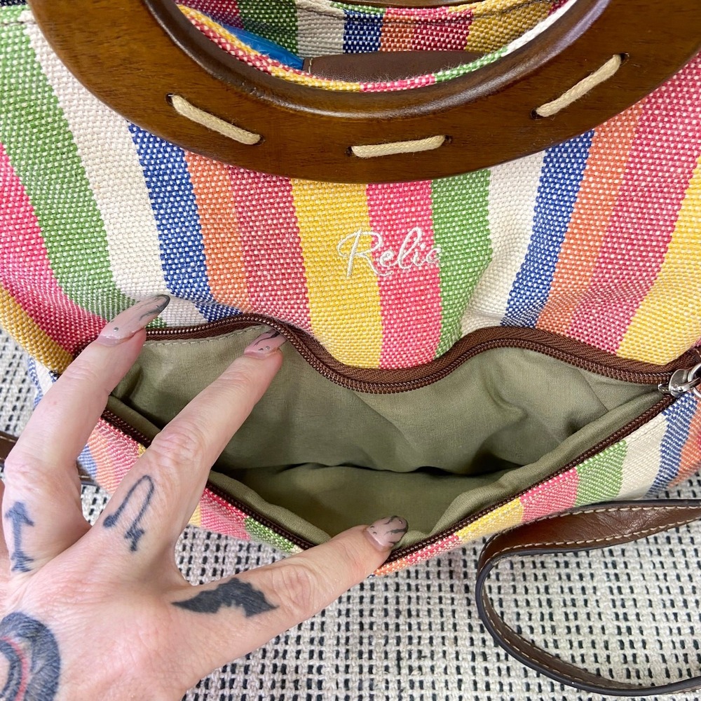 Relic Satchel Bag‎ Wood Handle Woven Striped Multicolor Crossbody Purse Y2K Boho - Picture 15 of 15